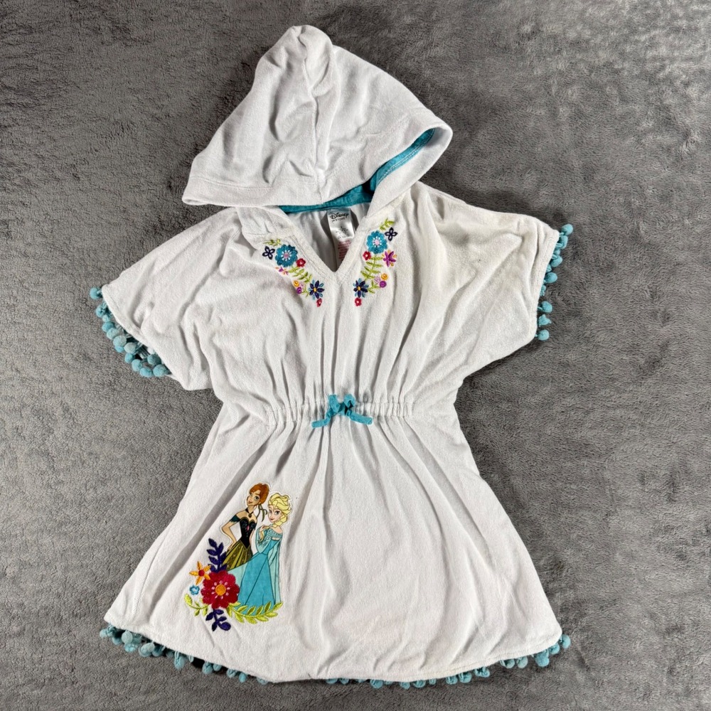 Disney Store Frozen Beach Cover-Up Girls 3 White Pom-Pom Hooded Anna Elsa